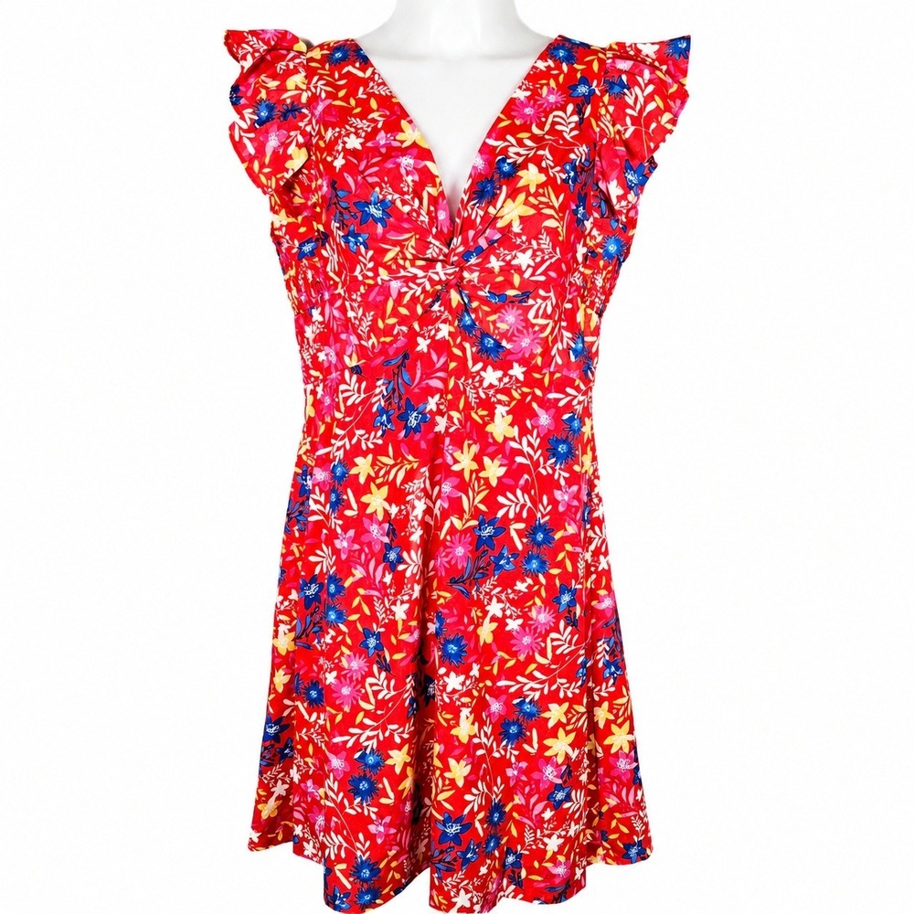 Eliza J Dress Womens 8 Red Floral Ruffle‎ Sleeve Knot Front Fit & Flare Tropical